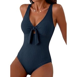 image:imageAleumdr Textured One Piece Swimsuit for Women Cutout Tummy Control Bathing Suits Tie Knot Modest Swimwear 2026Navy Blue