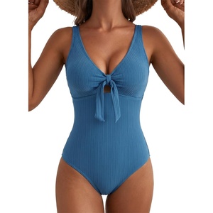 image:imageAleumdr Textured One Piece Swimsuit for Women Cutout Tummy Control Bathing Suits Tie Knot Modest Swimwear 2026Sky Blue