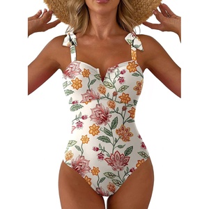 image:imageAleumdr Womens One Piece Swimsuits Tummy Control Bathing Suits V Neck Boho Tie Shoulder Ruched Full Coverage SwimwearBeige