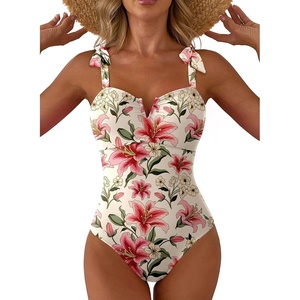 image:imageAleumdr Womens One Piece Swimsuits Tummy Control Bathing Suits V Neck Boho Tie Shoulder Ruched Full Coverage SwimwearFloral Red