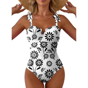 image:imageAleumdr Womens One Piece Swimsuits Tummy Control Bathing Suits V Neck Boho Tie Shoulder Ruched Full Coverage SwimwearWhite