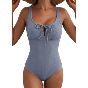 image:imageAleumdr Womens Textured One Piece Swimsuit Tummy Control Bathing Suit Tie Knot Cutout SwimwearBeau Blue Grey Textured