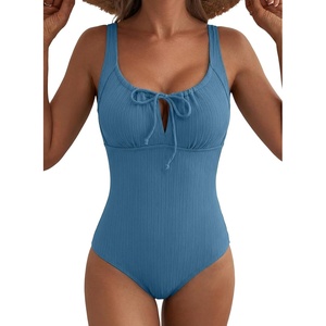 image:imageAleumdr Womens Textured One Piece Swimsuit Tummy Control Bathing Suit Tie Knot Cutout SwimwearBlue Textured