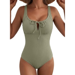 image:imageAleumdr Womens Textured One Piece Swimsuit Tummy Control Bathing Suit Tie Knot Cutout SwimwearClover Green Textured