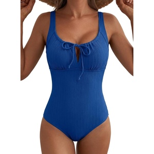 image:imageAleumdr Womens Textured One Piece Swimsuit Tummy Control Bathing Suit Tie Knot Cutout SwimwearDark Blue Textured