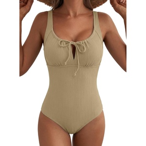 image:imageAleumdr Womens Textured One Piece Swimsuit Tummy Control Bathing Suit Tie Knot Cutout SwimwearParchment Textured