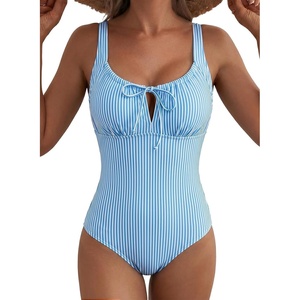 image:imageAleumdr Womens Textured One Piece Swimsuit Tummy Control Bathing Suit Tie Knot Cutout SwimwearStripe Blue