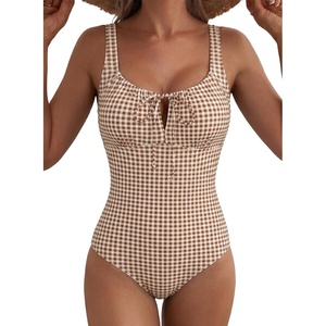 image:imageAleumdr Womens Textured One Piece Swimsuit Tummy Control Bathing Suit Tie Knot Cutout SwimwearVintage Plaid