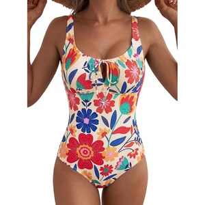 image:imageAleumdr Womens Textured One Piece Swimsuit Tummy Control Bathing Suit Tie Knot Cutout SwimwearYellow Floral