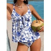 image:imageAleumdr Womens Tankini Swimsuits Tummy Control Two Piece Bathing Suit V Neck Tie Front Flowy Swim Top with BottomFloral Blue 10520