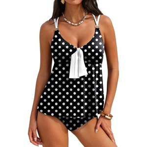 image:imageAleumdr Womens Tankini Swimsuits Tummy Control Two Piece Bathing Suit V Neck Tie Front Flowy Swim Top with BottomBlack Polka Dots 10220