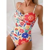 image:imageAleumdr Womens Striped One Piece Swimsuit Tummy Control Bathing Suit with Metal Ring Cutout SwimwearBeige