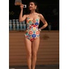 image:imageAleumdr Womens Striped One Piece Swimsuit Tummy Control Bathing Suit with Metal Ring Cutout SwimwearBeige
