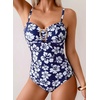 image:imageAleumdr Womens Striped One Piece Swimsuit Tummy Control Bathing Suit with Metal Ring Cutout SwimwearBlue