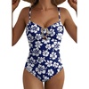 image:imageAleumdr Womens Striped One Piece Swimsuit Tummy Control Bathing Suit with Metal Ring Cutout SwimwearBlue
