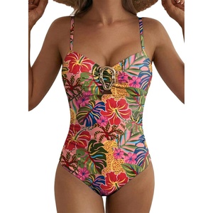 image:imageAleumdr Womens Striped One Piece Swimsuit Tummy Control Bathing Suit with Metal Ring Cutout SwimwearPink