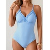 image:imageAleumdr Womens One Piece Swimsuit Striped Tummy Control V Neck Ruffle Trim 2026 Bathing Suit Printed SwimwearA Sky Blue Stripe