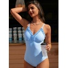 image:imageAleumdr Womens One Piece Swimsuit Striped Tummy Control V Neck Ruffle Trim 2026 Bathing Suit Printed SwimwearA Sky Blue Stripe