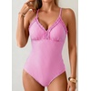 image:imageAleumdr Womens One Piece Swimsuit Striped Tummy Control V Neck Ruffle Trim 2026 Bathing Suit Printed SwimwearRose Stripe