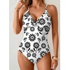 image:imageAleumdr Womens One Piece Swimsuit Striped Tummy Control V Neck Ruffle Trim 2026 Bathing Suit Printed SwimwearWhite