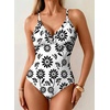 image:imageAleumdr Womens One Piece Swimsuit Striped Tummy Control V Neck Ruffle Trim 2026 Bathing Suit Printed SwimwearWhite