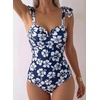 image:imageAleumdr Womens One Piece Swimsuits Tummy Control Bathing Suits V Neck Boho Tie Shoulder Ruched Full Coverage SwimwearFloral Navy Blue