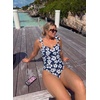 image:imageAleumdr Womens One Piece Swimsuits Tummy Control Bathing Suits V Neck Boho Tie Shoulder Ruched Full Coverage SwimwearFloral Navy Blue
