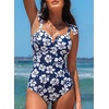 image:imageAleumdr Womens One Piece Swimsuits Tummy Control Bathing Suits V Neck Boho Tie Shoulder Ruched Full Coverage SwimwearFloral Navy Blue