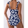 image:imageAleumdr Womens One Piece Swimsuits Tummy Control Bathing Suits V Neck Boho Tie Shoulder Ruched Full Coverage SwimwearFloral Navy Blue