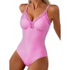 image:imageAleumdr Womens One Piece Swimsuit Striped Tummy Control V Neck Ruffle Trim 2026 Bathing Suit Printed SwimwearRose Stripe