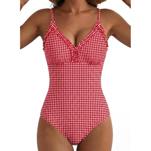 image:imageAleumdr Womens One Piece Swimsuit Striped Tummy Control V Neck Ruffle Trim 2026 Bathing Suit Printed SwimwearRed Plaid