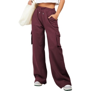 image:imageAleumdr Women High Waisted Drawstring Wide Leg Cargo Pants 2026 Trendy Casual Baggy Joggers Pants with PocketsBurgundy Red