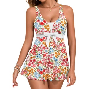 image:imageAleumdr Women Printed Two Piece Tankini Swimsuits Tummy Control Swim Dress High Waisted Boyshort with PocketsWhite Floral