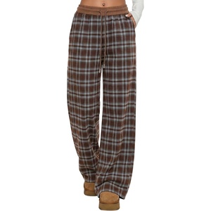 image:imageAleumdr Womens Wide Leg Sweatpants with Pockets Plaid Lounge Pants High Waisted Baggy Pants Drawstring Casual PantsA3 Brown