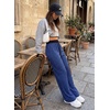 image:imageAleumdr Womens Striped Lounge Pants Casual Fall Ribbed Pajama Pants High Waisted Wide Leg Sweatpants with PocketsBlue Black