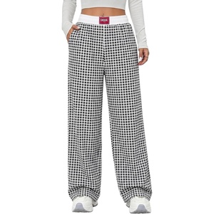 image:imageAleumdr Womens Casual Pants Wide Leg Sweatpants with Pockets Elastic High Waisted Lounge Pants Loose Baggy PantsA4 Black Plaid