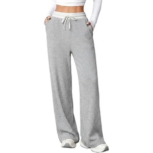 image:imageAleumdr Womens Color Block Ribbed Lounge Pants with Pockets Casual Wide Leg Comfy Hight Waisted Knit Pajama PantsA Light Grey
