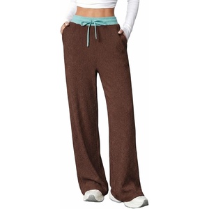 image:imageAleumdr Womens Color Block Ribbed Lounge Pants with Pockets Casual Wide Leg Comfy Hight Waisted Knit Pajama PantsCoffee