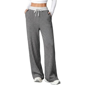 image:imageAleumdr Womens Color Block Ribbed Lounge Pants with Pockets Casual Wide Leg Comfy Hight Waisted Knit Pajama PantsMedium Grey