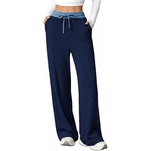 image:imageAleumdr Womens Color Block Ribbed Lounge Pants with Pockets Casual Wide Leg Comfy Hight Waisted Knit Pajama PantsNavy Blue