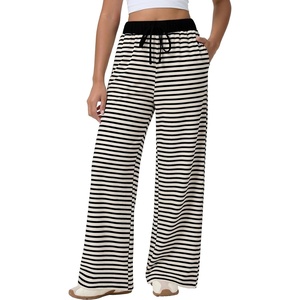 image:imageAleumdr Womens Striped Lounge Pants Casual Fall Ribbed Pajama Pants High Waisted Wide Leg Sweatpants with PocketsBeige Black