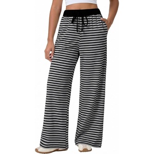 image:imageAleumdr Womens Striped Lounge Pants Casual Fall Ribbed Pajama Pants High Waisted Wide Leg Sweatpants with PocketsBlack Gray