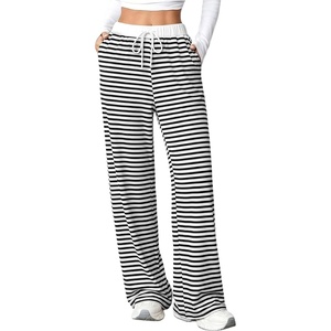 image:imageAleumdr Womens Striped Lounge Pants Casual Fall Ribbed Pajama Pants High Waisted Wide Leg Sweatpants with PocketsBlack White