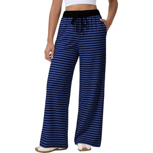 image:imageAleumdr Womens Striped Lounge Pants Casual Fall Ribbed Pajama Pants High Waisted Wide Leg Sweatpants with PocketsBlue Black