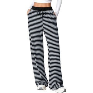 image:imageAleumdr Womens Striped Lounge Pants Casual Fall Ribbed Pajama Pants High Waisted Wide Leg Sweatpants with PocketsSky Blue Black
