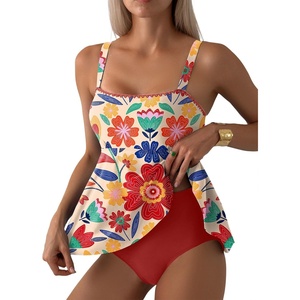image:imageAleumdr Tankini Swimsuits for Women Modest Two Piece Bathing Suit Square Neck Swim Top with High Waisted Bottom1420 Red Blooms