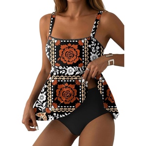 image:imageAleumdr Tankini Swimsuits for Women Modest Two Piece Bathing Suit Square Neck Swim Top with High Waisted BottomA8 Black Floral