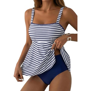 image:imageAleumdr Tankini Swimsuits for Women Modest Two Piece Bathing Suit Square Neck Swim Top with High Waisted BottomA9 Blue Stripe