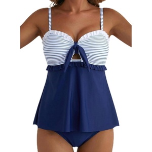 image:imageAleumdr Womens Tankini Swimsuits Tie Knot Ruffle Printed Two Piece Bathing Suit Flowy Swim Top with High Waisted BottomBlue Stripe