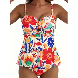 image:imageAleumdr Womens Tankini Swimsuits Tie Knot Ruffle Printed Two Piece Bathing Suit Flowy Swim Top with High Waisted BottomOrange
